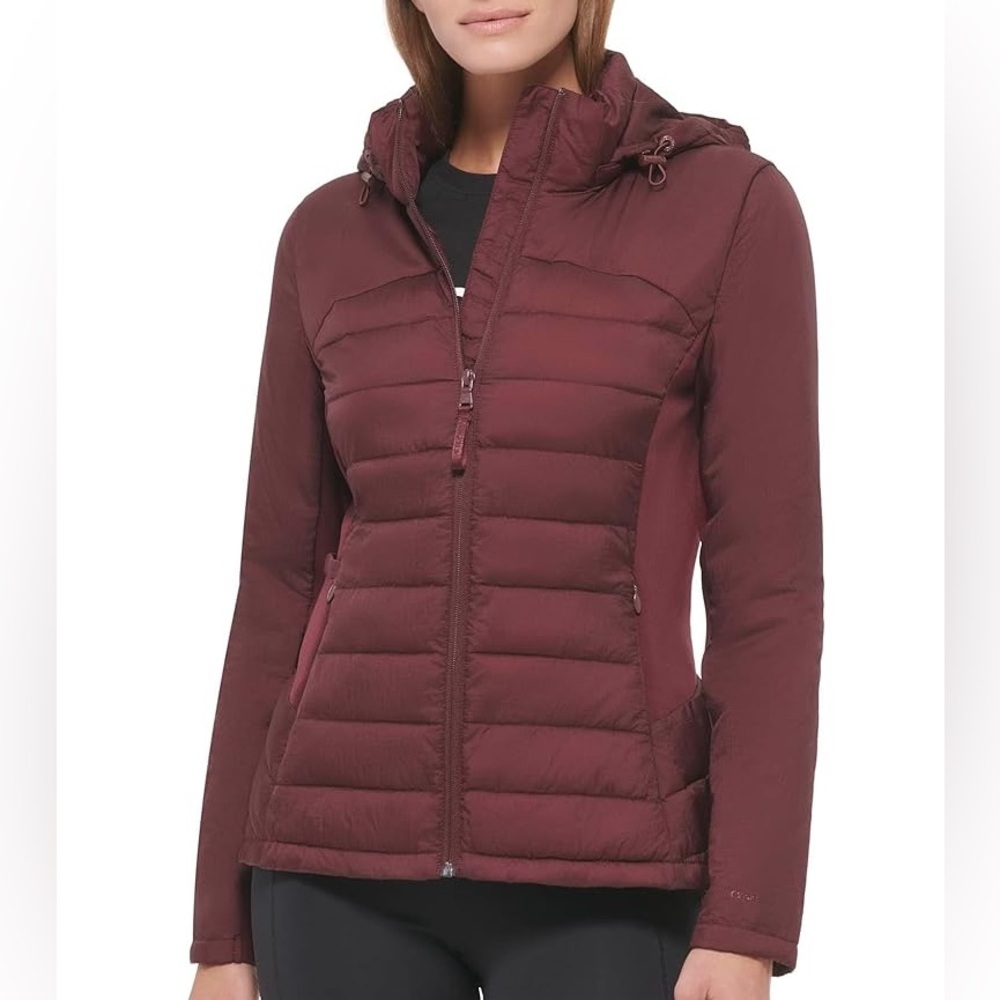 NWT Calvin Klein Lightweight Scuba Panels Adjustable Hood Zip Pockets Puffer XS